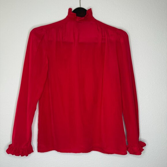 Vintage Ruffle Blouse Y2K 00s Harve Benard Red Silk Tuxedo Romantic Poet Small - Picture 5 of 9